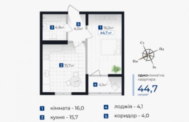 Однокімнатна квартира сирець 44.7м² ЖК Сенат ІваноФранківськ, фото 3